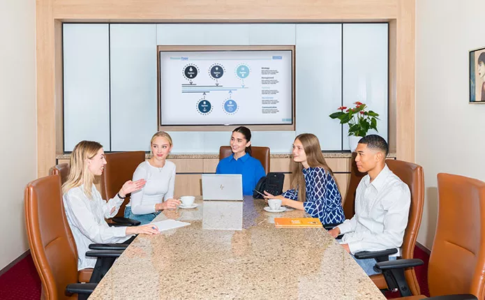 Clients meeting in a fully equipped boardroom with first class IT and premium service.